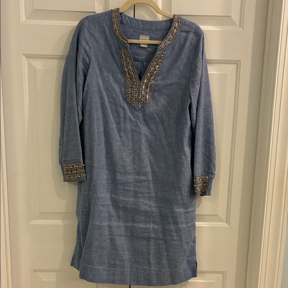 Chico's Blue Dress with Gold Accents